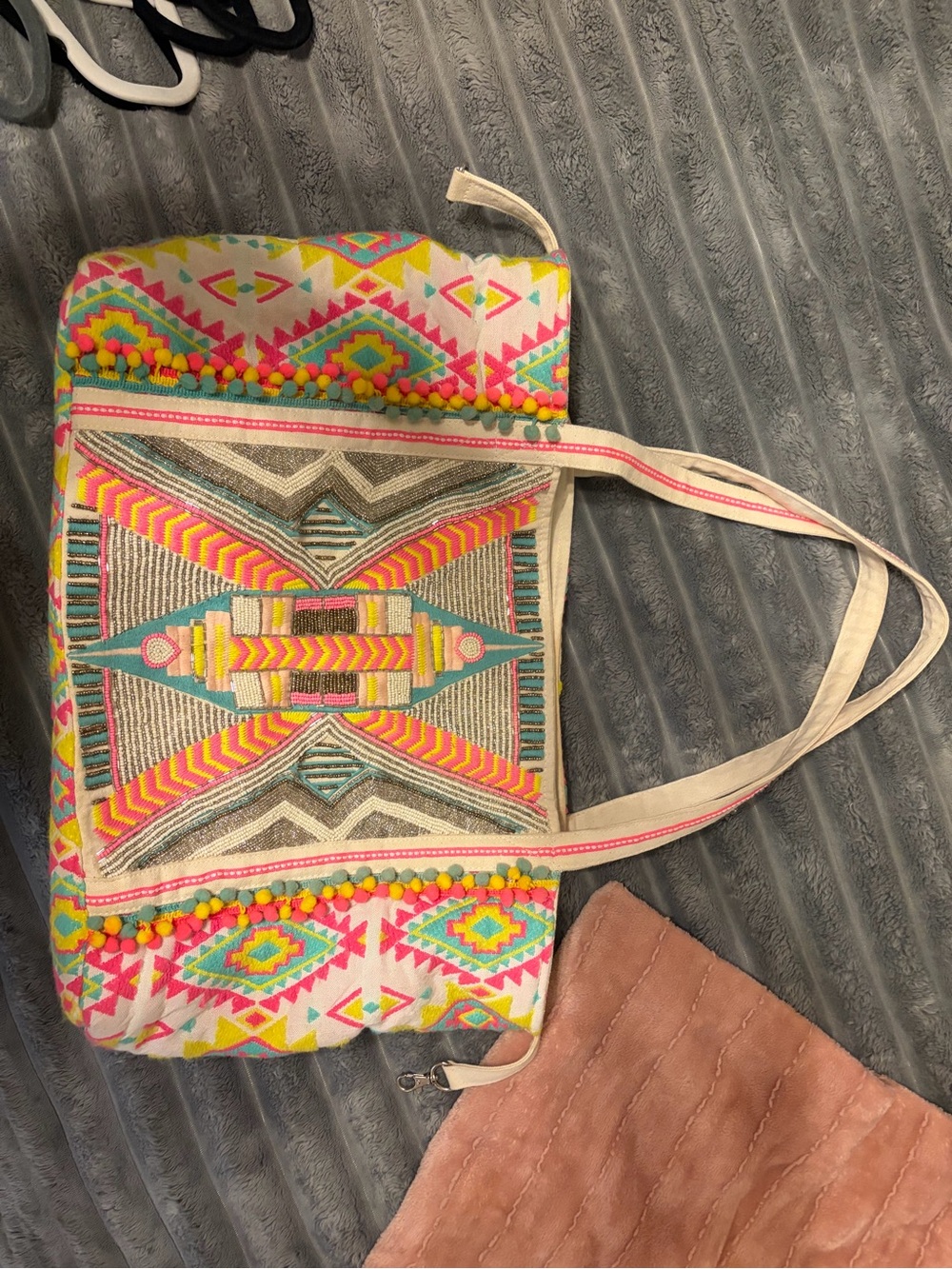 America & Beyond Aztec Embroidered Canvas Tote in Pink & Teal